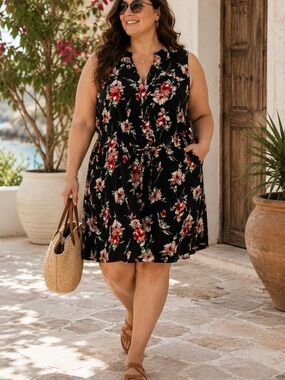 Catherine Malandrino Floral Sleeveless Dress XXL Black Casual Boho Tunic